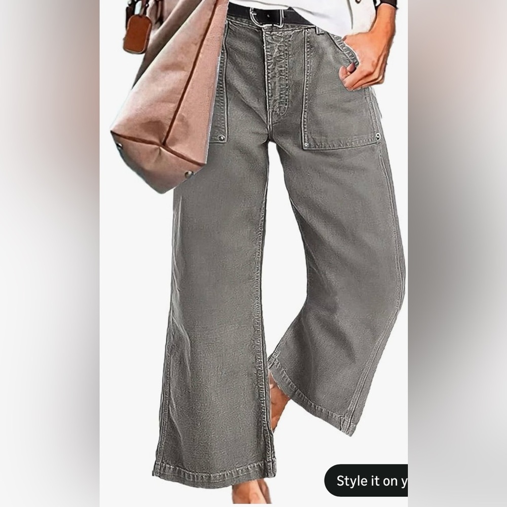 Flamingals Flap Pocket Back Mid Waist Wide Leg Crop Pants in Gray